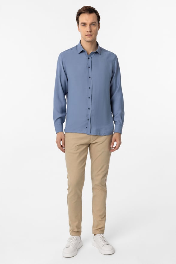 Mavi Slim Fit Düz Klasik Yaka Gömlek