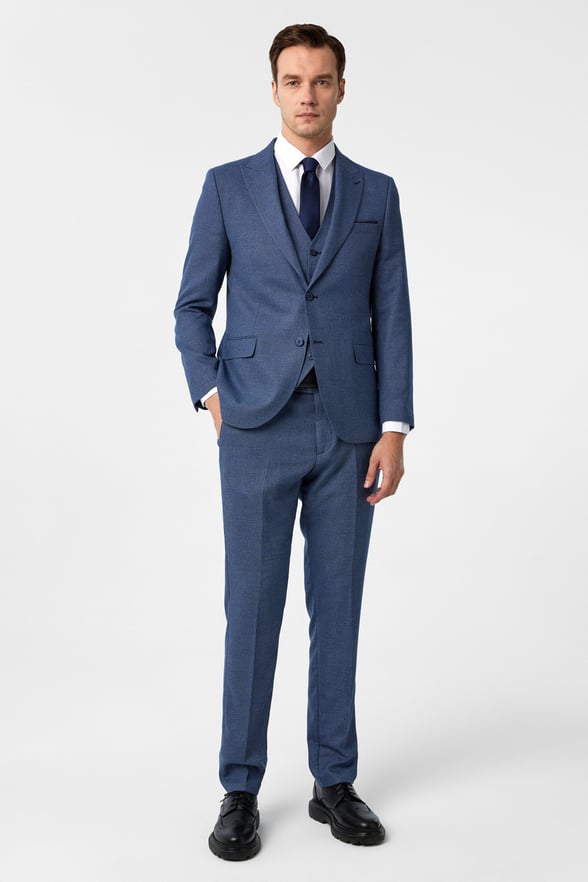 Parlament Mavi Slim Fit Desenli Mono Yaka 6 Drop Yelekli Klasik Takım Elbise