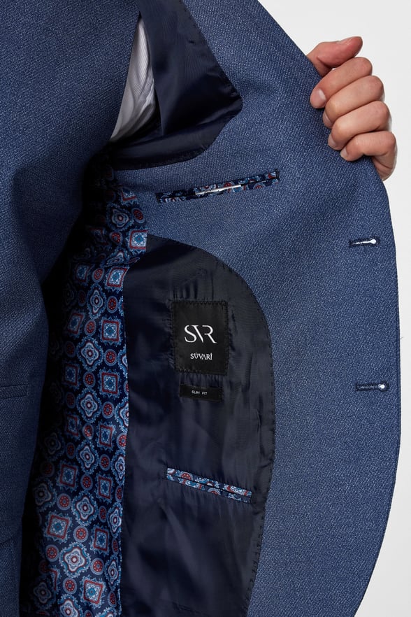 Parlament Mavi Slim Fit Desenli Mono Yaka 6 Drop Yelekli Klasik Takım Elbise