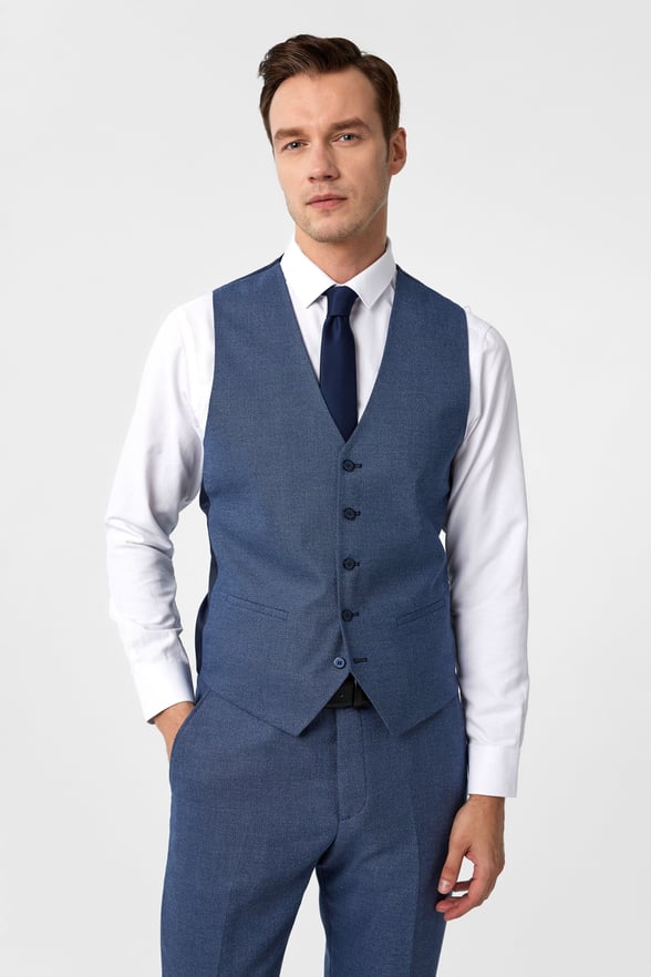 Parlament Mavi Slim Fit Desenli Mono Yaka 6 Drop Yelekli Klasik Takım Elbise