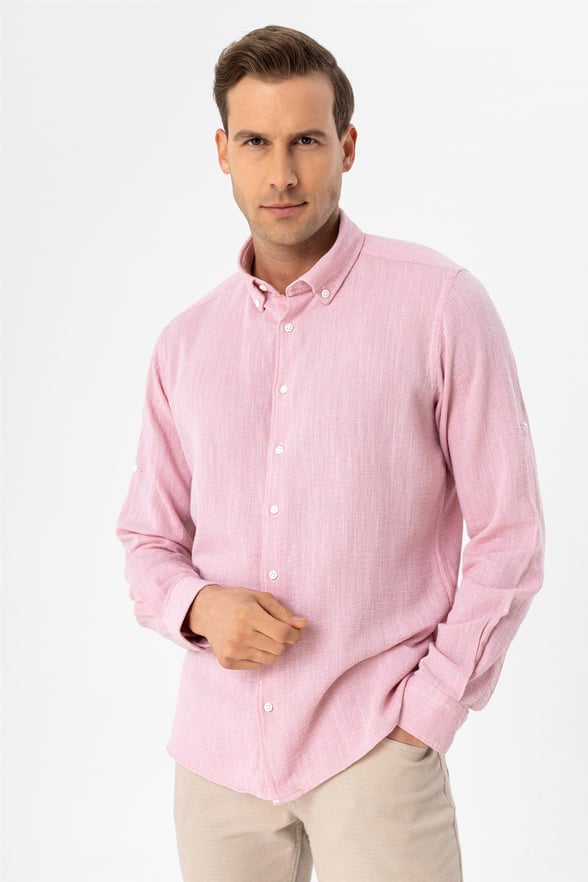 Pembe Slim Düz Düğmeli Yaka  Gömlek