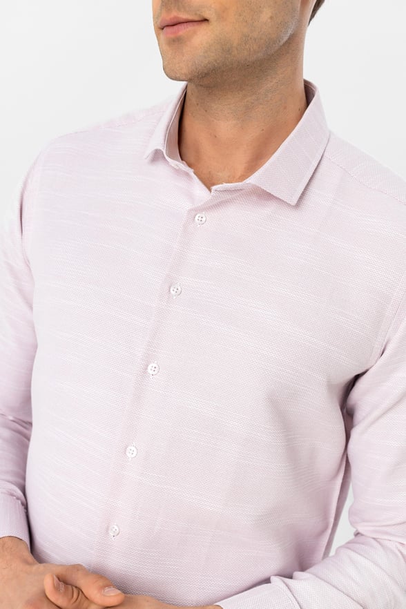 Pembe Slim Fit Armürlü Klasik Yaka Gömlek