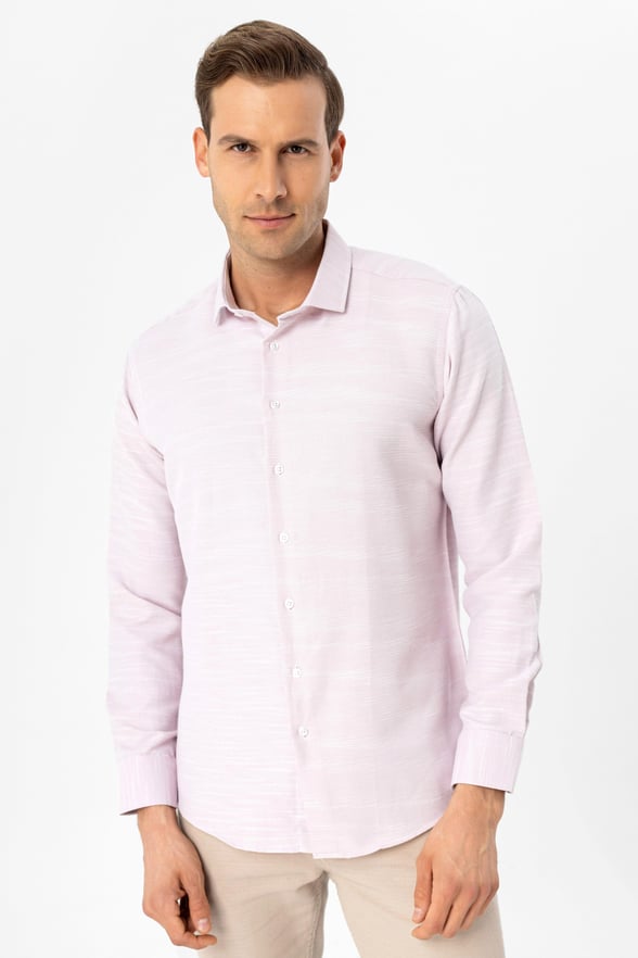 Pembe Slim Fit Armürlü Klasik Yaka Gömlek