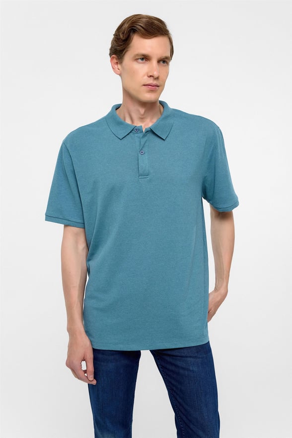 Saks Mavi Regular Armürlü Polo Yaka Tişört