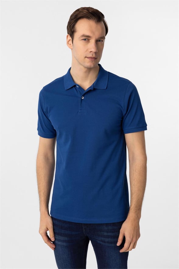 Saks Mavi Regular Armürlü Polo Yaka Tişört