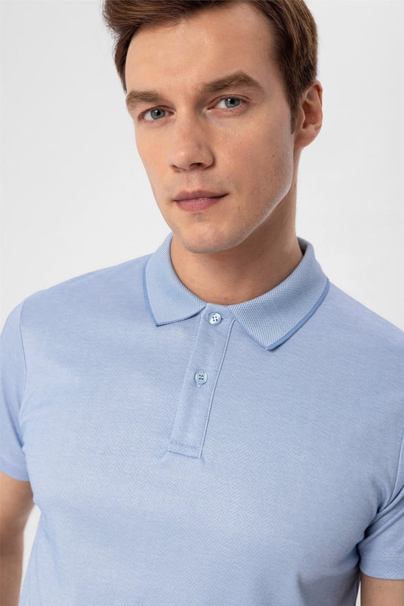 Saks Mavi Regular Armürlü Polo Yaka  Tişört