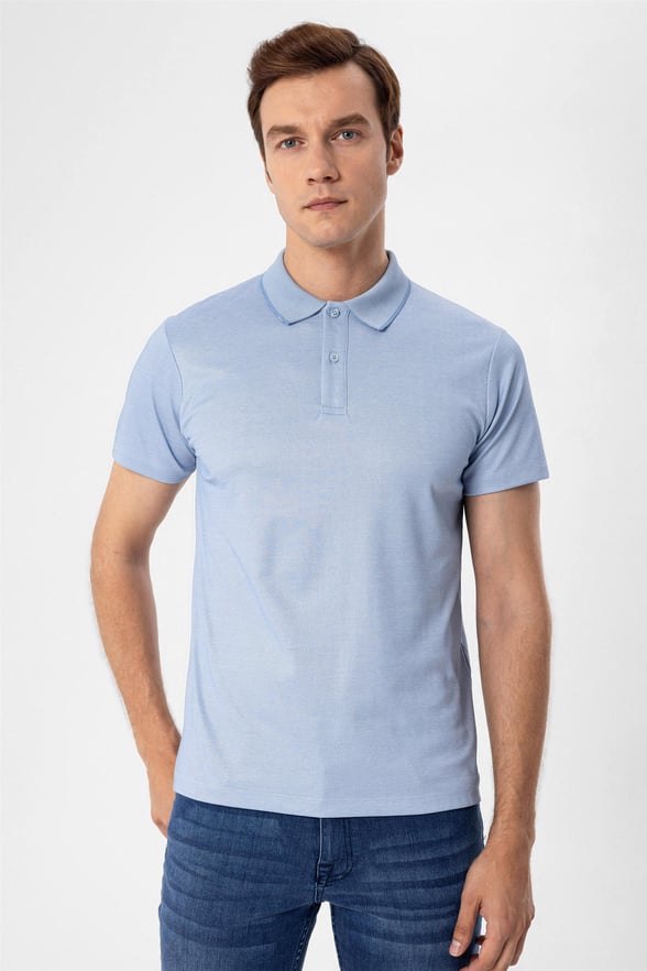 Saks Mavi Regular Armürlü Polo Yaka  Tişört