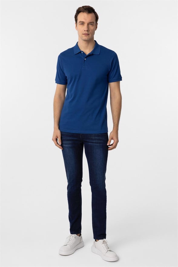 Saks Mavi Regular Armürlü Polo Yaka Tişört