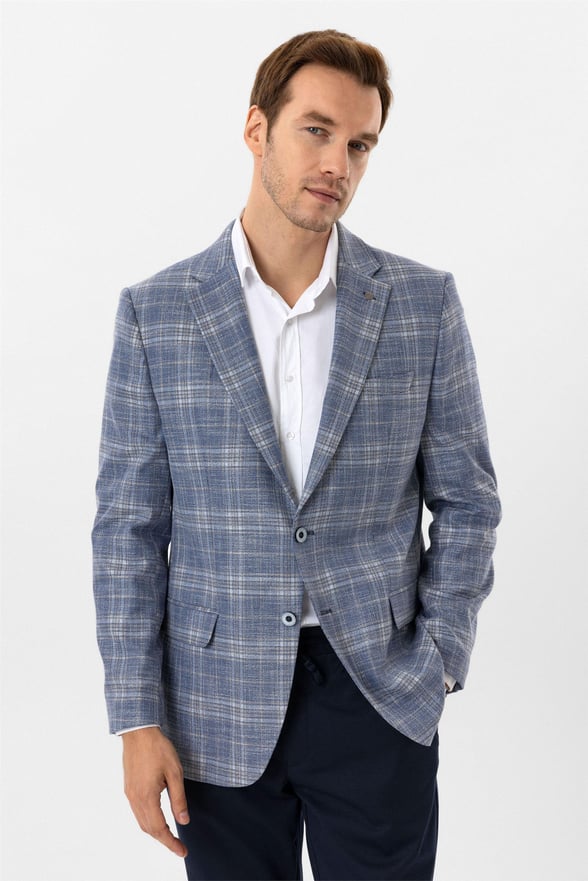 Saks Mavi Regular Desenli Mono Yaka 6 Drop Ceket
