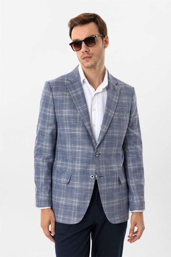 Saks Mavi Regular Desenli Mono Yaka 6 Drop Ceket