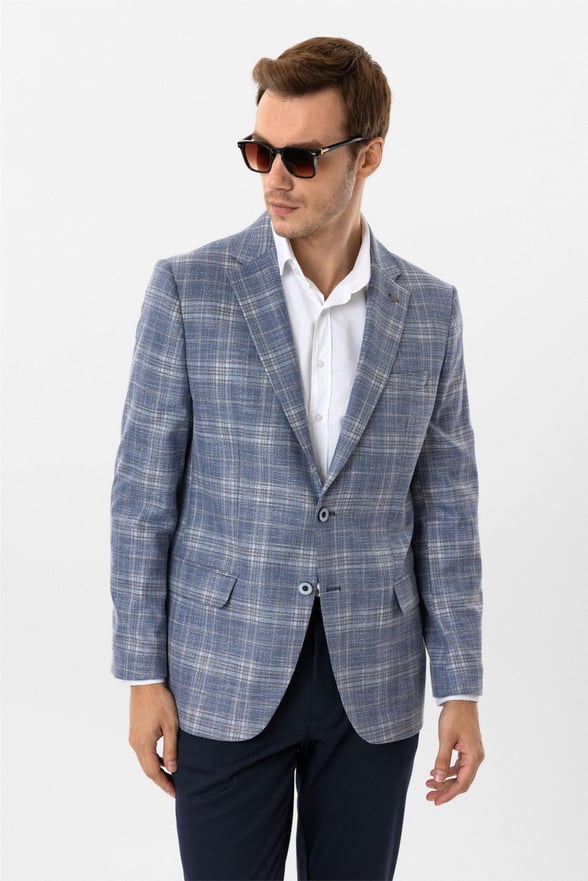 Saks Mavi Regular Desenli Mono Yaka 6 Drop Ceket
