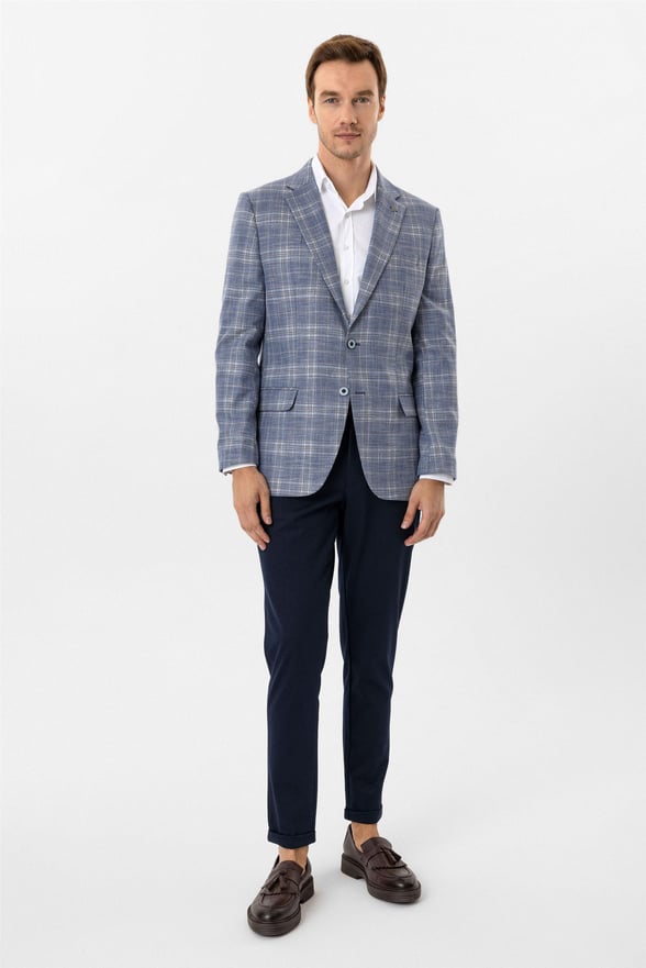 Saks Mavi Regular Desenli Mono Yaka 6 Drop Ceket