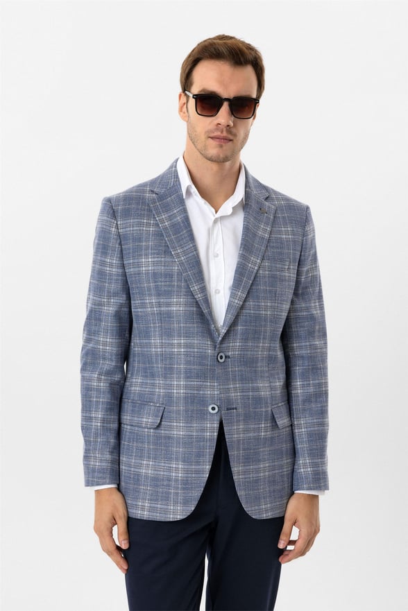 Saks Mavi Regular Desenli Mono Yaka 6 Drop Ceket