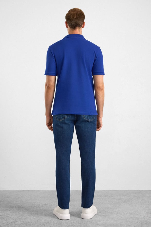 Saks Mavi Regular Düz Baskısız Pike Düğmeli Polo Yaka Standart Tişört