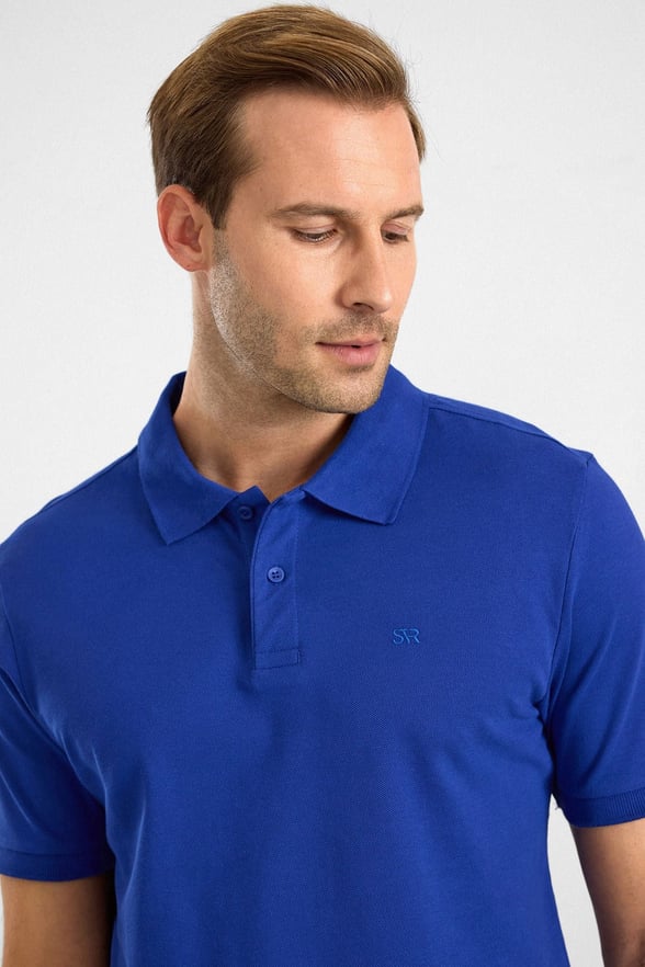 Saks Mavi Regular Düz Baskısız Pike Düğmeli Polo Yaka Standart Tişört