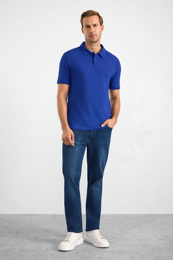 Saks Mavi Regular Düz Baskısız Pike Düğmeli Polo Yaka Standart Tişört