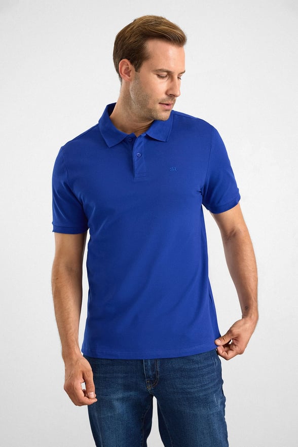 Saks Mavi Regular Düz Baskısız Pike Düğmeli Polo Yaka Standart Tişört