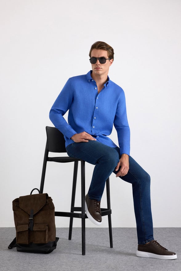 Saks Mavi Regular Klasik Yaka Düz Cepsiz Uzun Kollu Standart Casual Gömlek