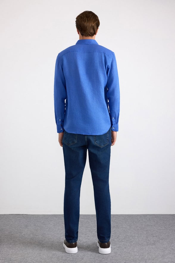 Saks Mavi Regular Klasik Yaka Düz Cepsiz Uzun Kollu Standart Casual Gömlek