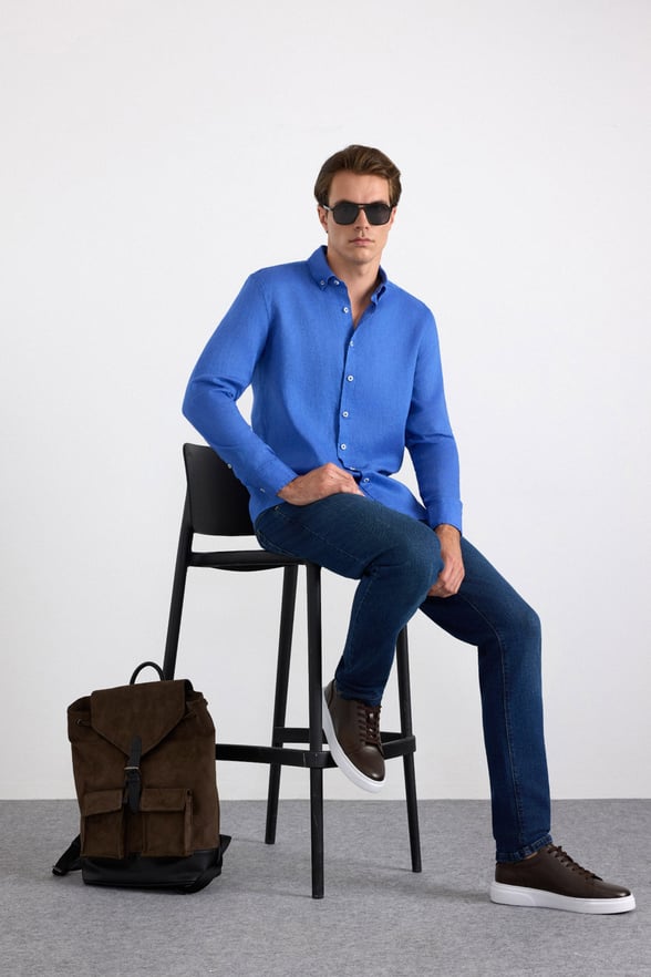 Saks Mavi Regular Klasik Yaka Düz Cepsiz Uzun Kollu Standart Casual Gömlek