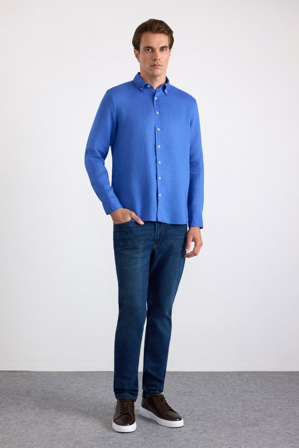 Saks Mavi Regular Klasik Yaka Düz Cepsiz Uzun Kollu Standart Casual Gömlek