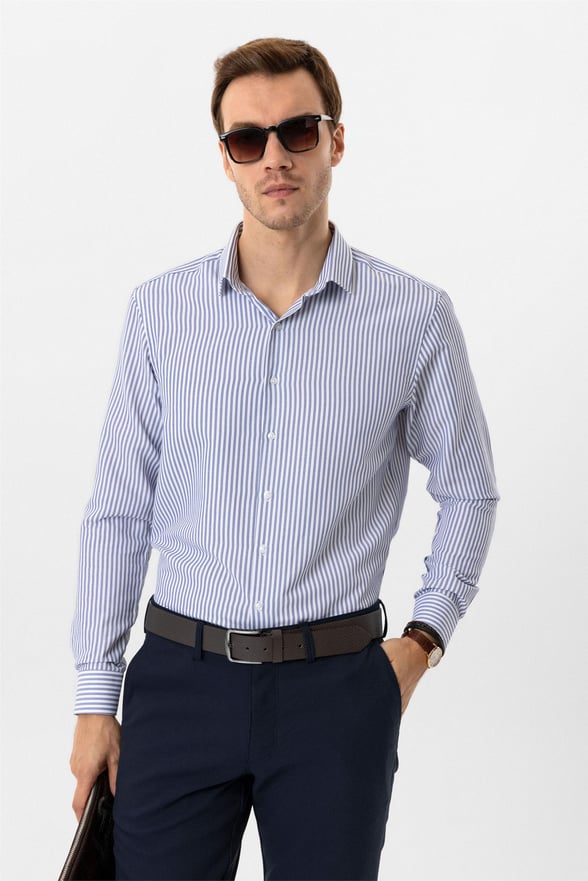 Saks Mavi Slim Armürlü Klasik Yaka Gömlek