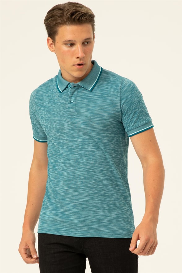 Saks Mavi Slim Armürlü Polo Yaka  Tişört