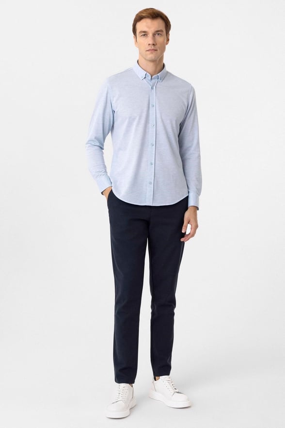 Saks Mavi Slim Fit Armürlü Düğmeli Yaka Gömlek