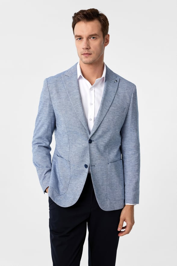 Saks Mavi Slim Fit Desenli Sivri Yaka 6 Drop Ceket