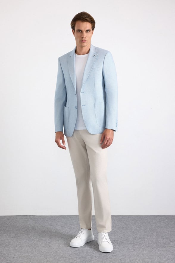 Saks Mavi Slim Sivri Yaka Düz Poplin Torba Cep Standart 6 Drop Klasik Ceket