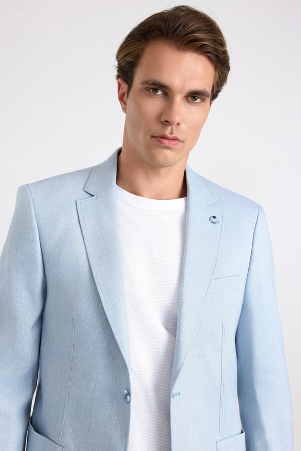 Saks Mavi Slim Sivri Yaka Düz Poplin Torba Cep Standart 6 Drop Klasik Ceket