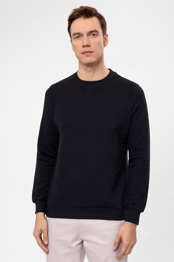 SİYAH 10 Regular Armürlü O Yaka  Sweatshirt