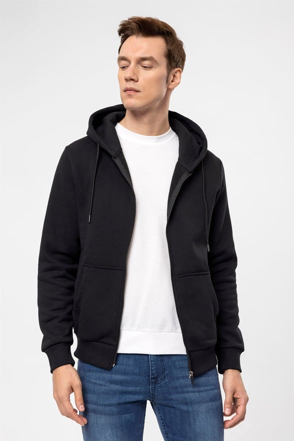 SİYAH 10 Regular Düz Kapişonlu Yaka  Sweatshirt