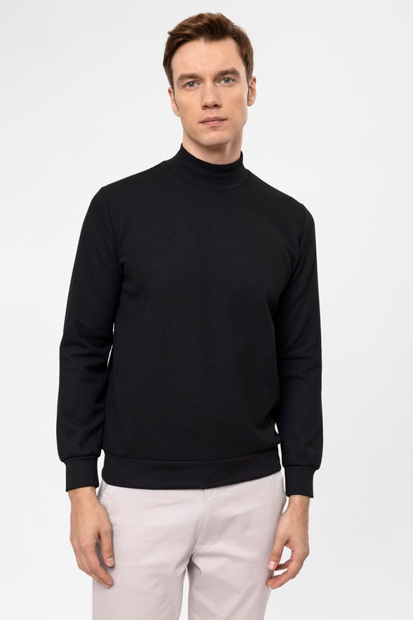 SİYAH 10 Regular Kapitone Yarım Balıkçı Yaka  Sweatshirt