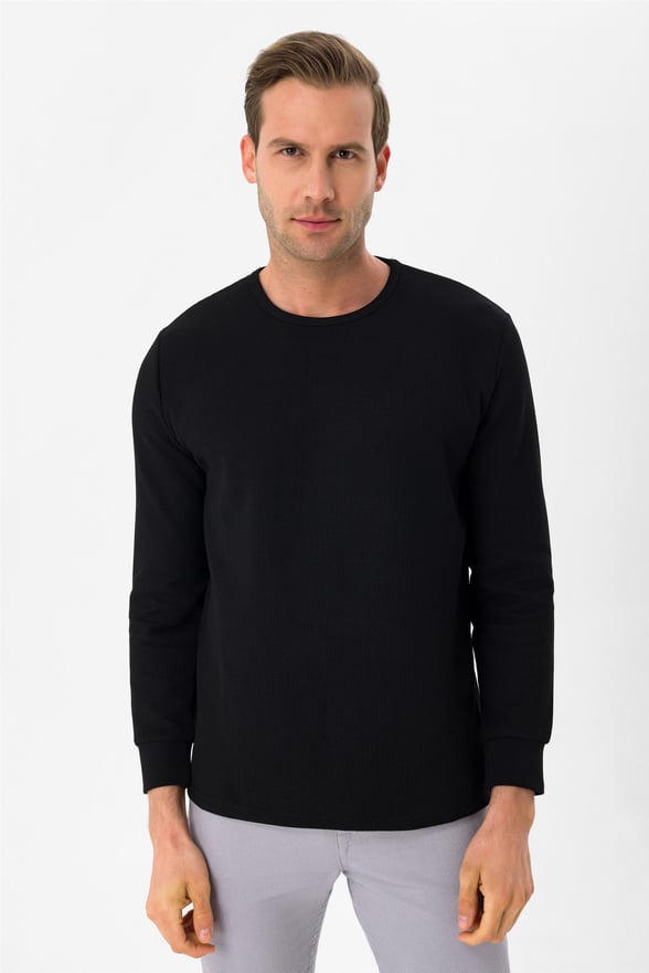 SİYAH 10 Slim Armürlü O Yaka  Sweatshirt
