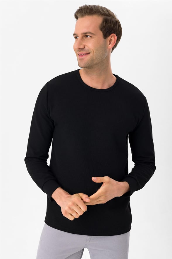 SİYAH 10 Slim Armürlü O Yaka  Sweatshirt