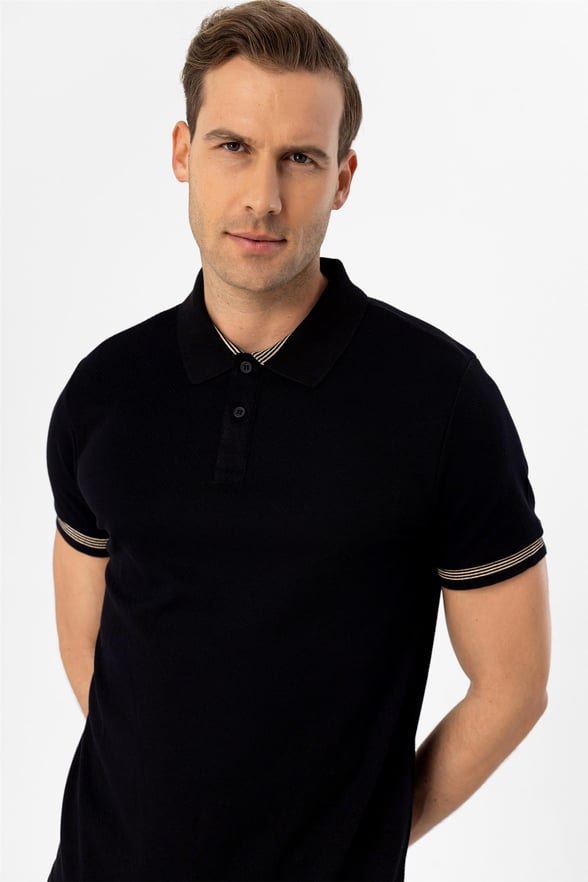 SİYAH 10 Slim Armürlü Polo Yaka  Tişört