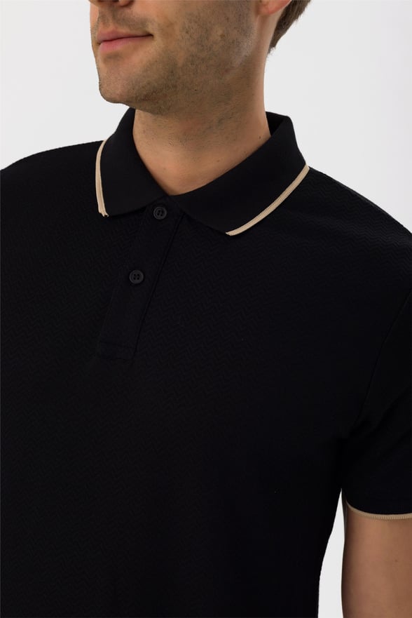 SİYAH 10 Slim Armürlü Polo Yaka  Tişört
