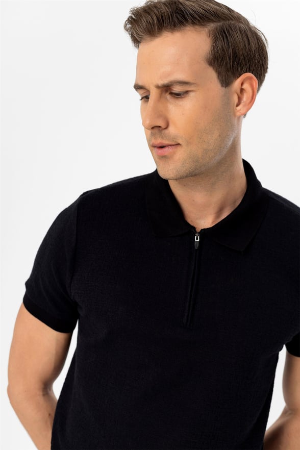 SİYAH 10 Slim Armürlü Polo Yaka  Tişört