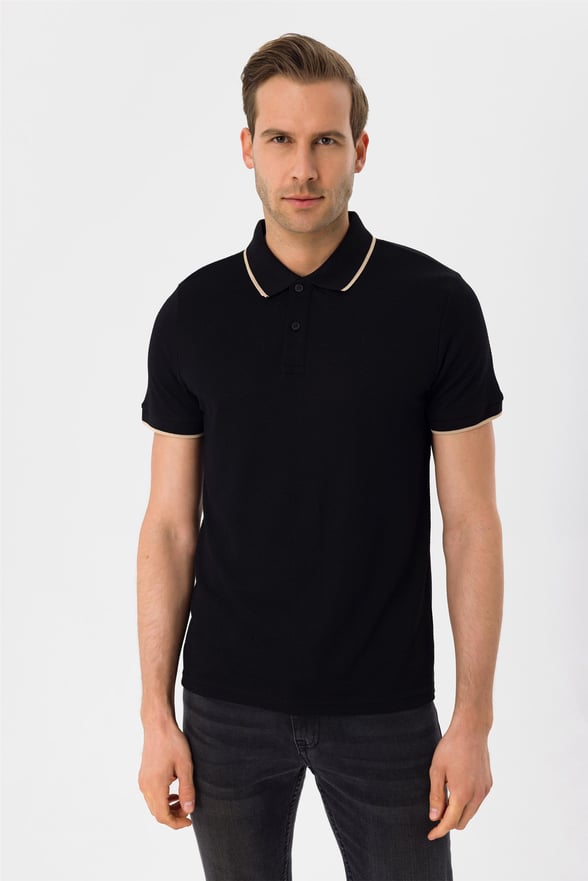 SİYAH 10 Slim Armürlü Polo Yaka  Tişört