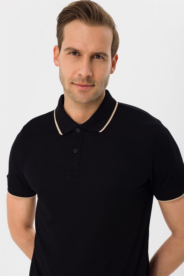 SİYAH 10 Slim Armürlü Polo Yaka  Tişört