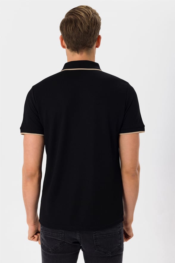 SİYAH 10 Slim Armürlü Polo Yaka  Tişört