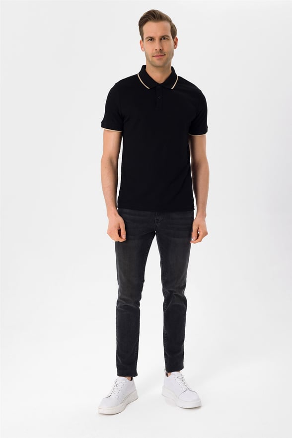 SİYAH 10 Slim Armürlü Polo Yaka  Tişört