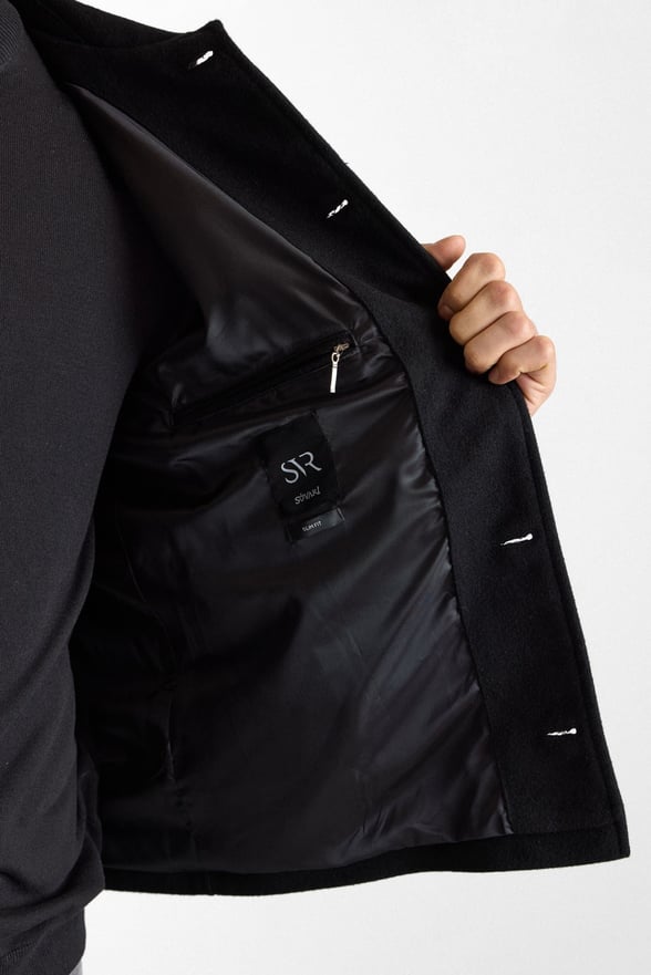 Siyah Düz Gömlek Yaka Torba Cep Düğmeli Mont-Ceket