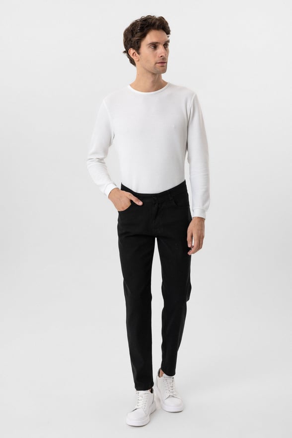 Siyah Regular Armürlü Kanvas Pantolon