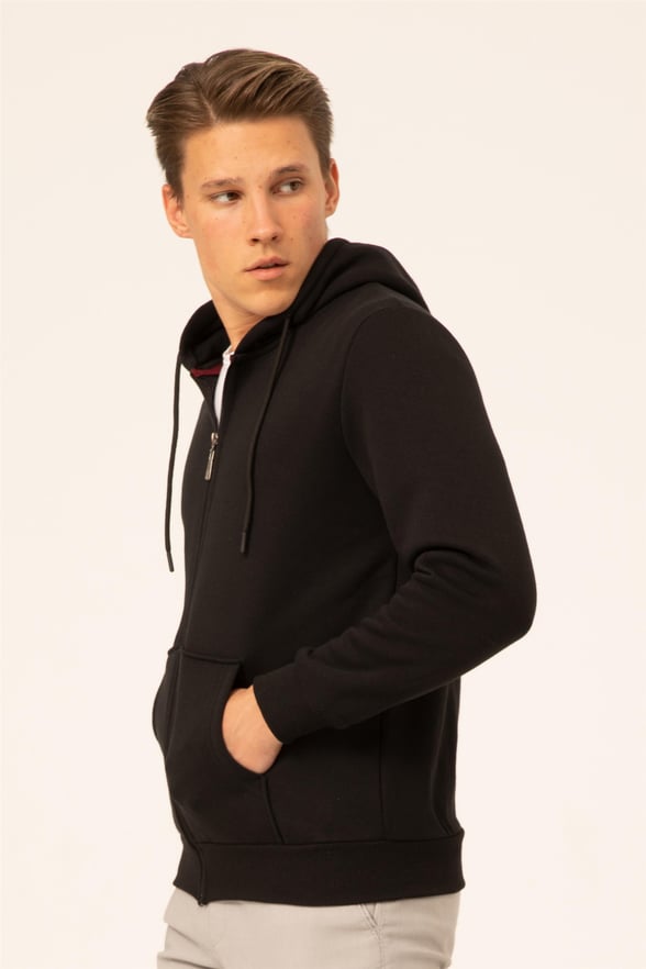 Siyah Regular Armürlü Kapişonlu Yaka  Sweatshirt