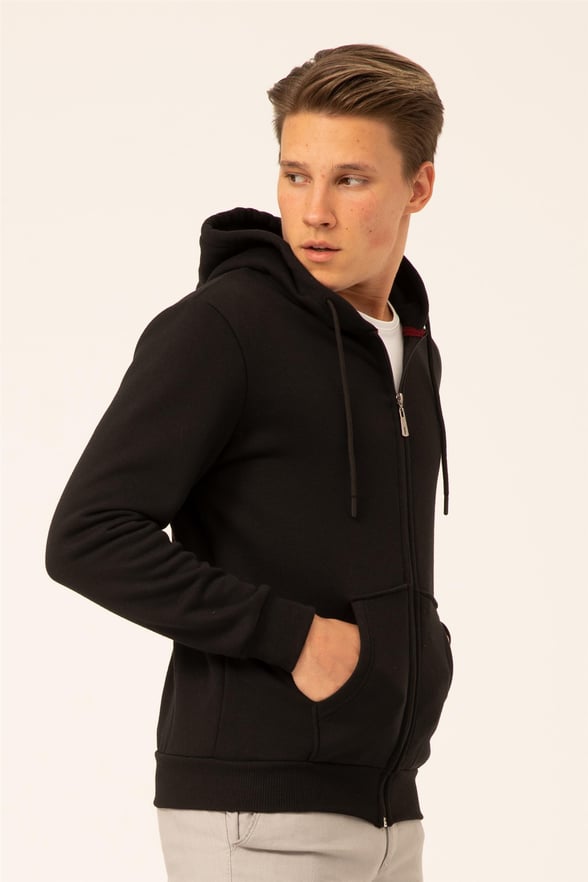 Siyah Regular Armürlü Kapişonlu Yaka  Sweatshirt
