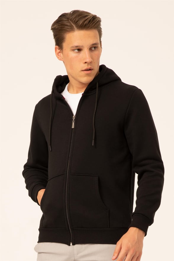 Siyah Regular Armürlü Kapişonlu Yaka  Sweatshirt