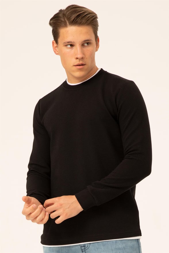 Siyah Regular Armürlü O Yaka  Sweatshirt