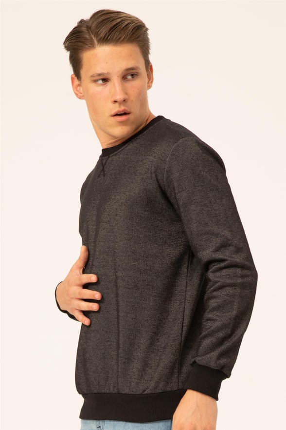 Siyah Regular Armürlü O Yaka  Sweatshirt